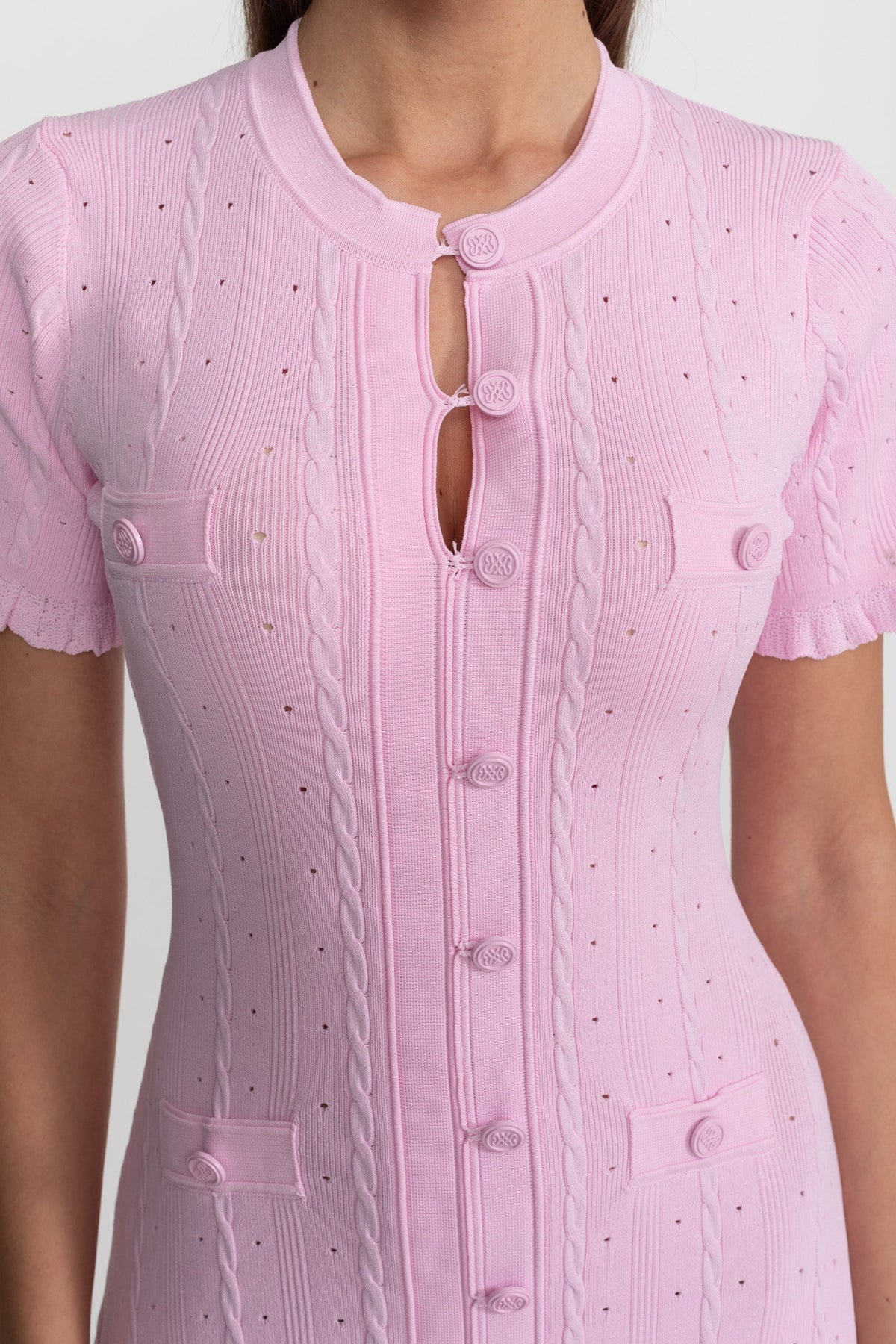 Knit Button-Front Midi Dress with Scalloped Sleeves – Pink - View 6