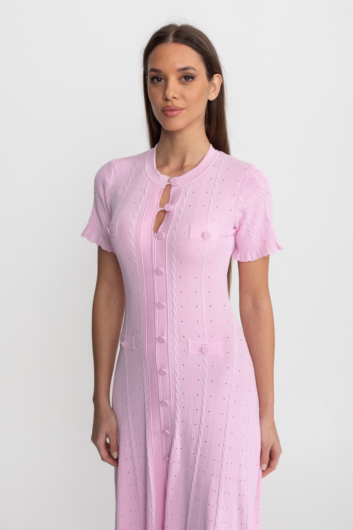 Knit Button-Front Midi Dress with Scalloped Sleeves – Pink - View 5