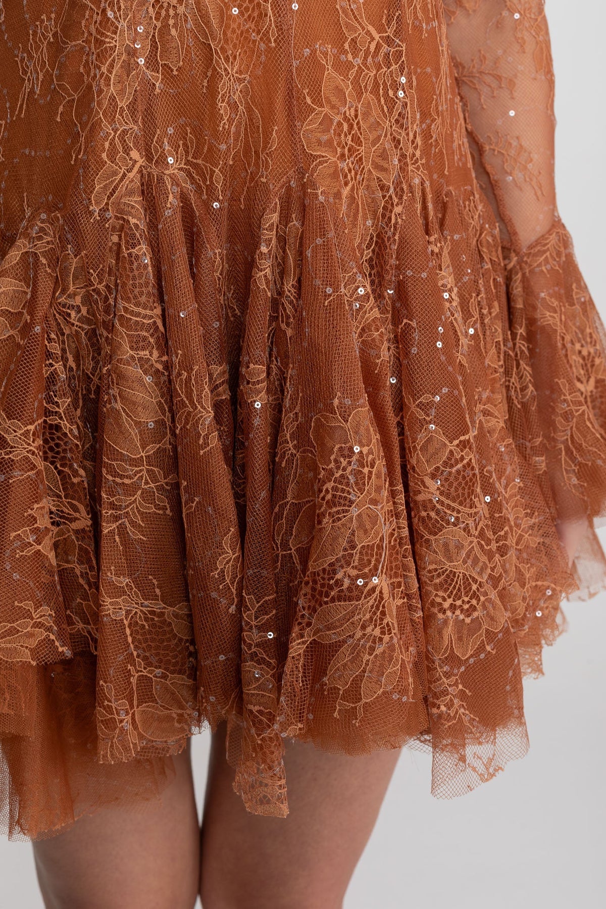 Sheer Lace Long Sleeve Mini Dress With Ruffled Hem - Rust - View 6