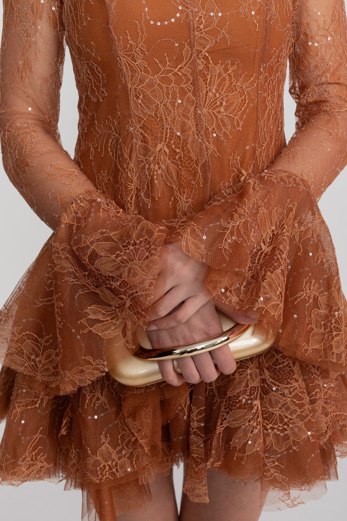 Sheer Lace Long Sleeve Mini Dress With Ruffled Hem - Rust - View 5