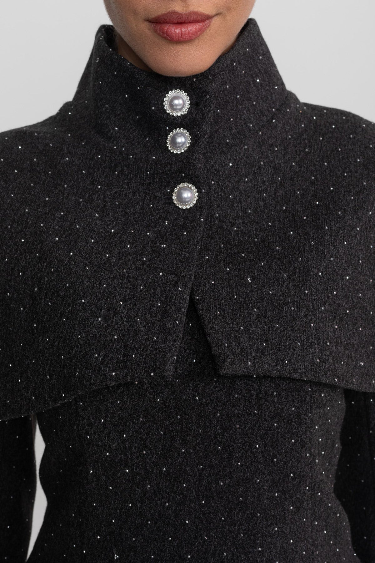 Long Sleeve Mini Dress With Detachable Cape Overlay - Charcoal - View 9