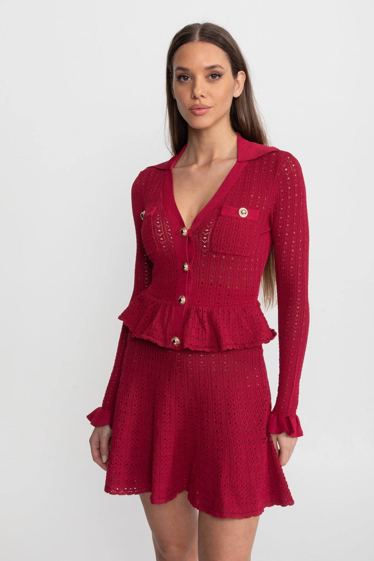 Pointelle Knit Mini Dress with Peplum Hem – Dark Red - View 4