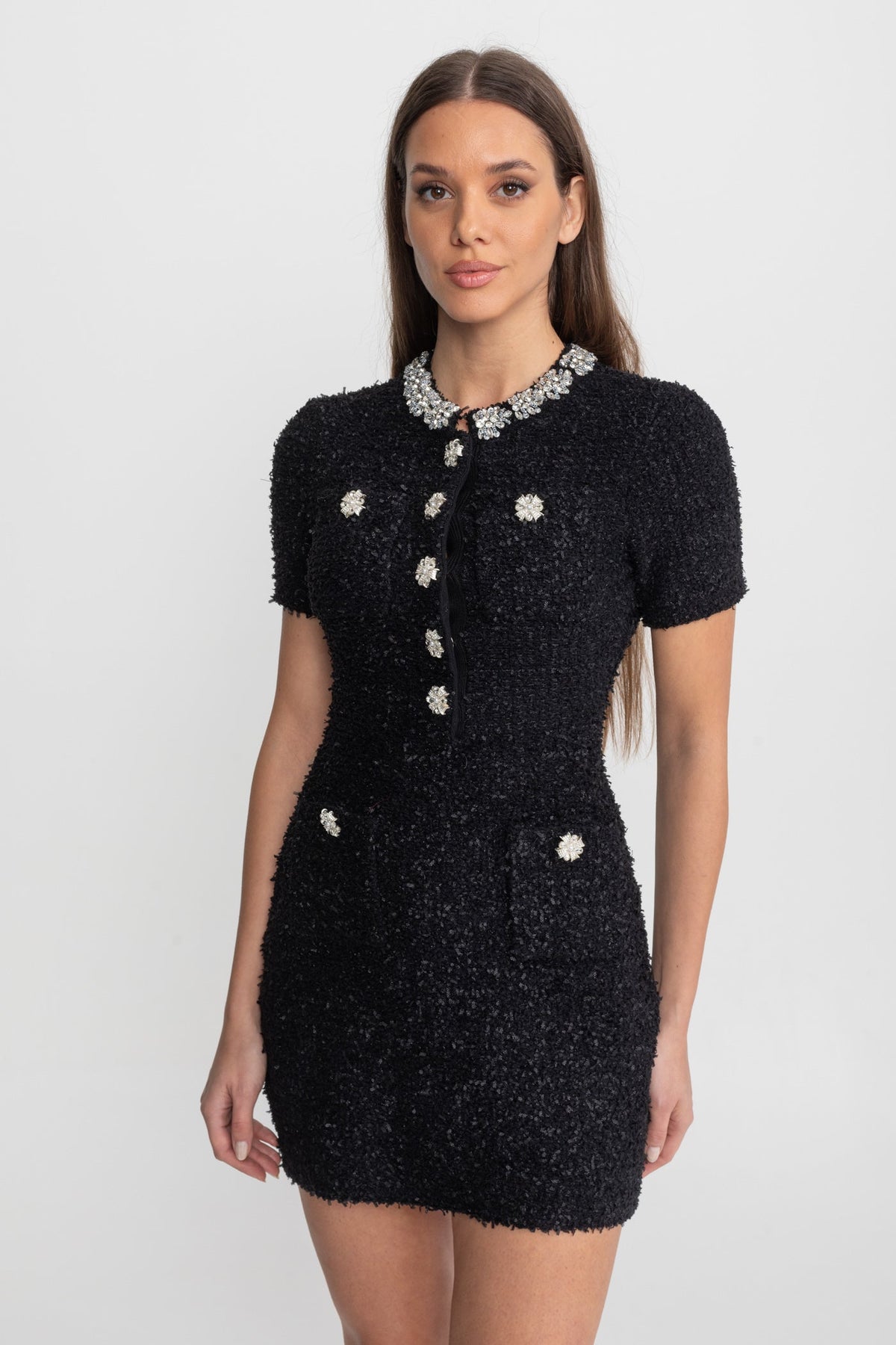 Tweed Rhinestone Floral Collar Short Sleeve Bodycon Mini Dress - View 3