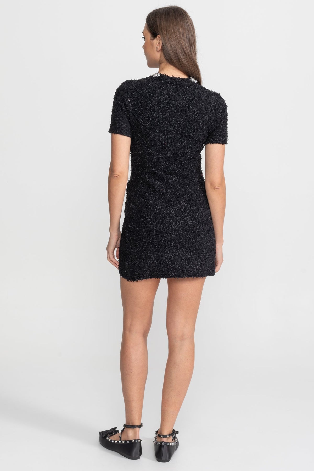 Tweed Rhinestone Floral Collar Short Sleeve Bodycon Mini Dress - View 5