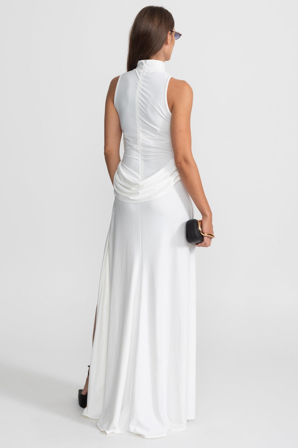 Draped Waist Side Slit Maxi Gown Sleeveless Mock Neck - View 5