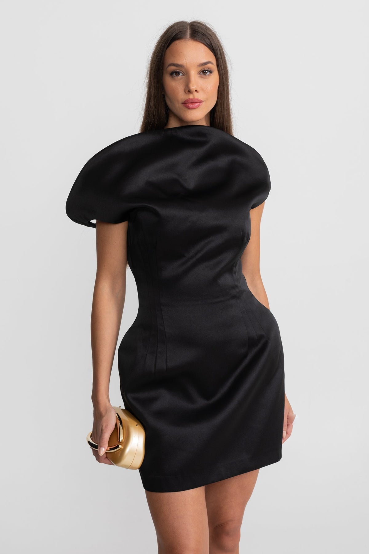 Satin Mini Dress with Sculptural Shoulder Detail - Black - View 6