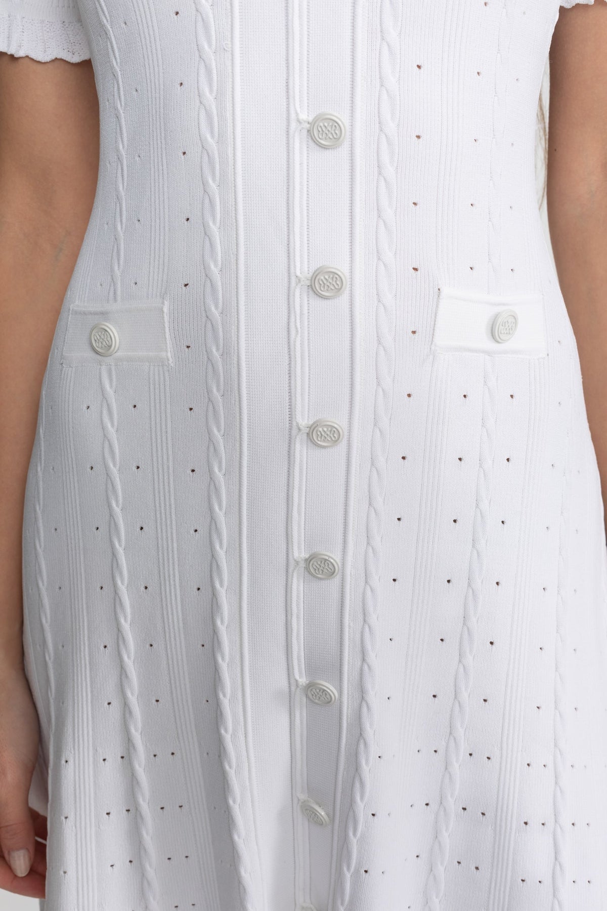 Knit Button-Front Midi Dress with Scalloped Sleeves – White - View 6