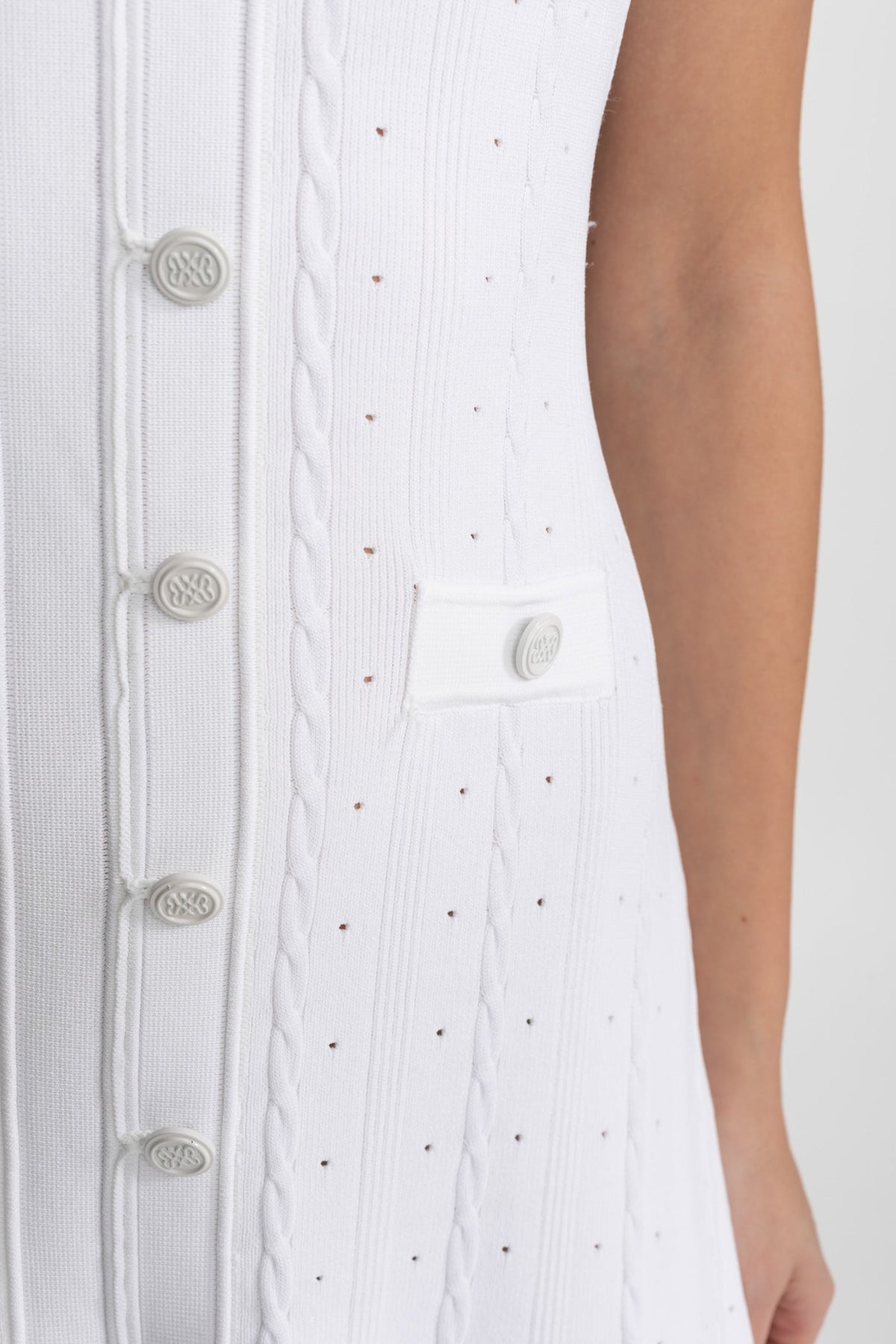 Knit Button-Front Midi Dress with Scalloped Sleeves – White - View 7