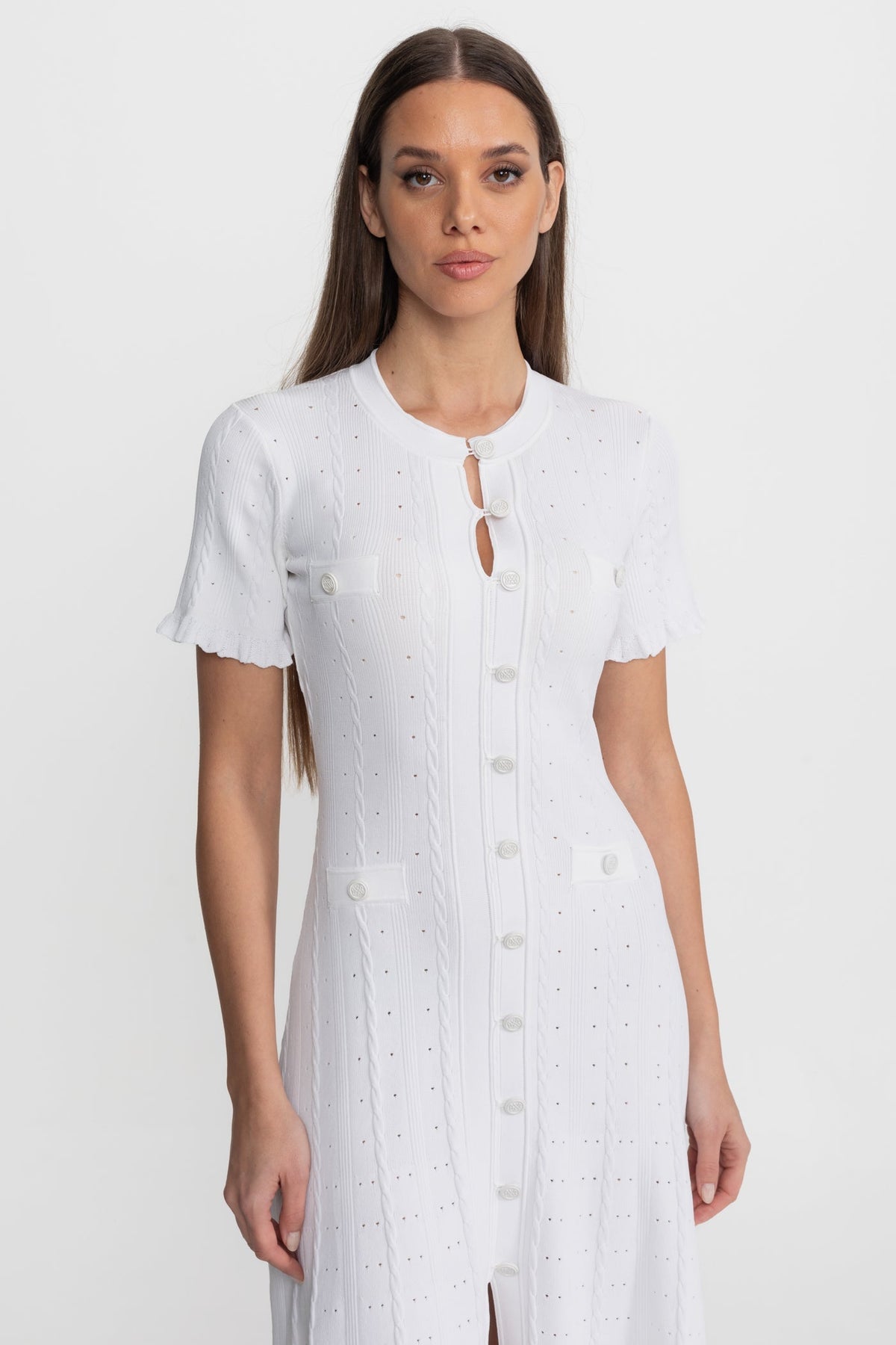 Knit Button-Front Midi Dress with Scalloped Sleeves – White - View 2