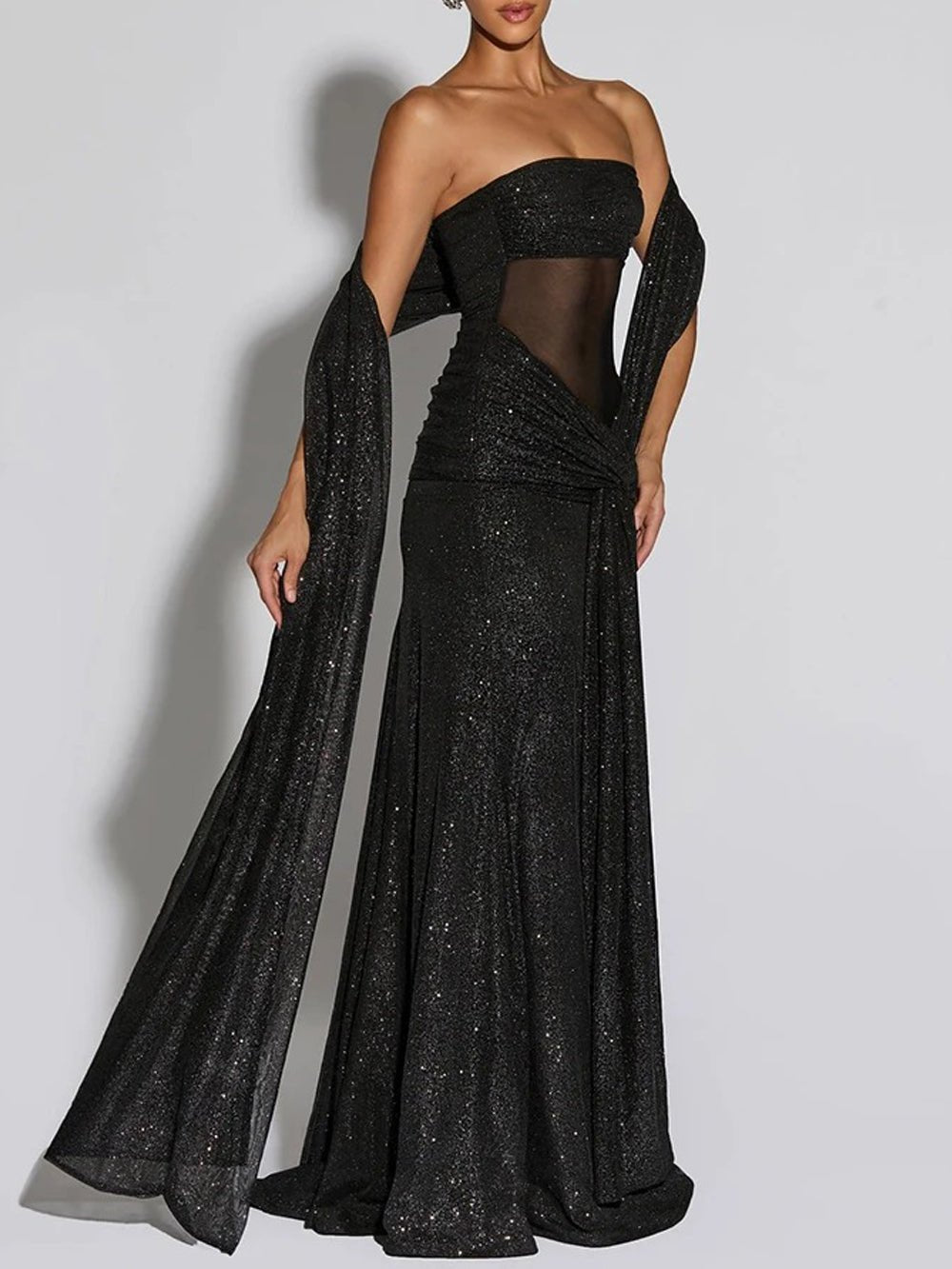 Glitter Strapless Cape Sleeve Cut Out Ruched Mermaid Maxi Gown