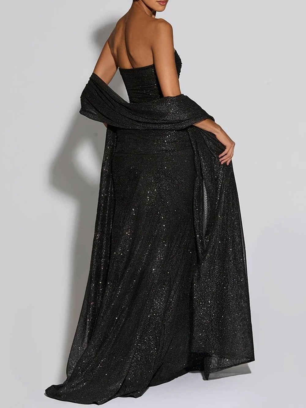 Glitter Strapless Cape Sleeve Cut Out Ruched Mermaid Maxi Gown - View 2