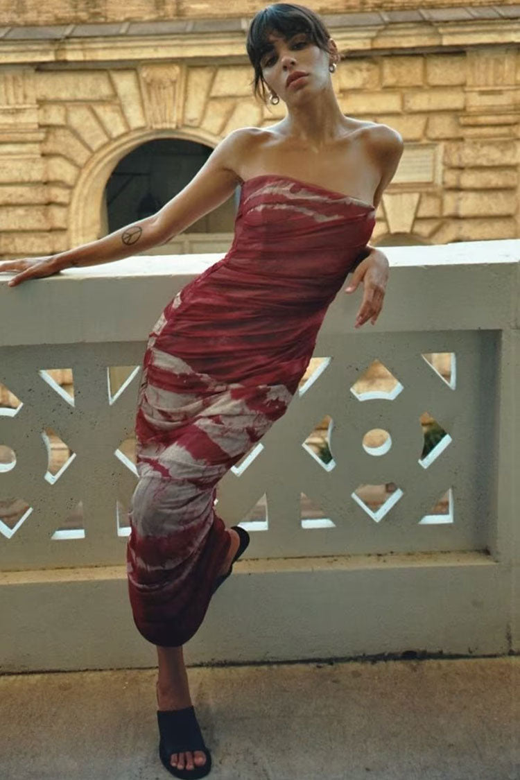 Mesh Strapless Ruched Bodycon Maxi Dress in Wine