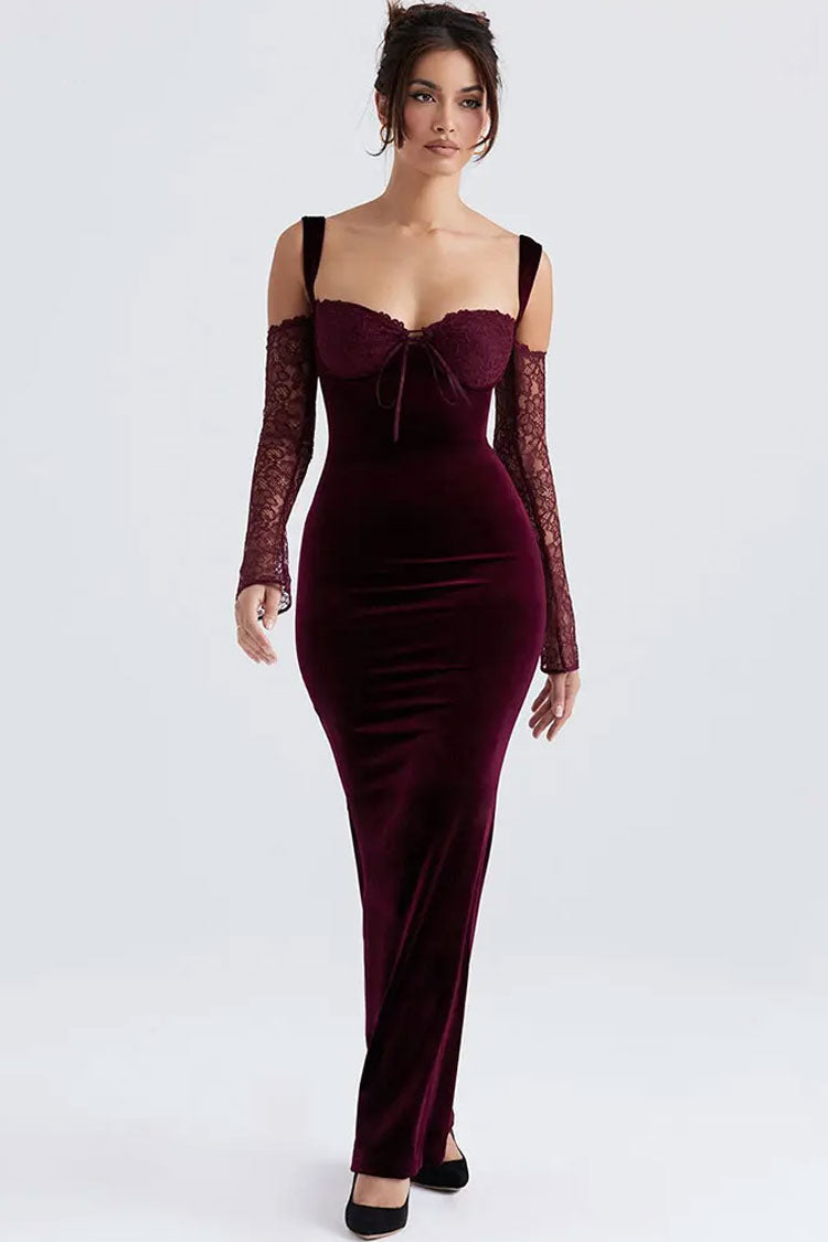 Bow Tie Sweetheart Cutout Shoulder Evening Maxi Dress - Burgundy
