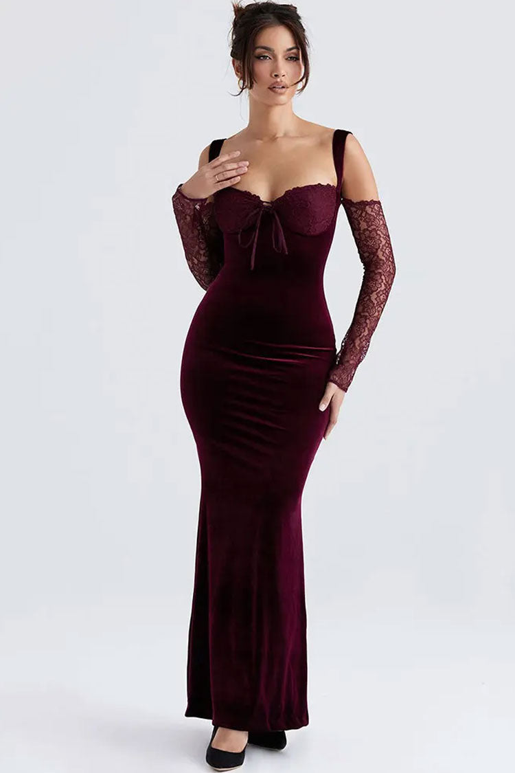 Bow Tie Sweetheart Cutout Shoulder Evening Maxi Dress - Burgundy - View 2