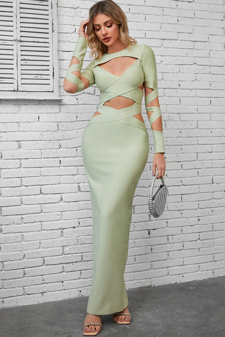 Crew Neck Long Sleeve Bandage Cut Out Bodycon Maxi Dress - View 2