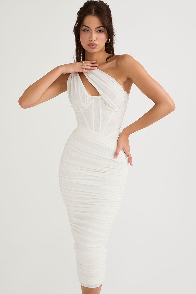 One Shoulder Cut Out Ruched Corset Bodycon Midi Dress - View 2