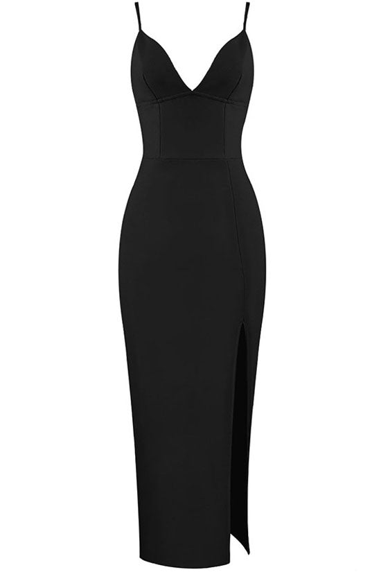 Deep V High Slit Sleeveless Cocktail Party Maxi Dress - Black - View 3