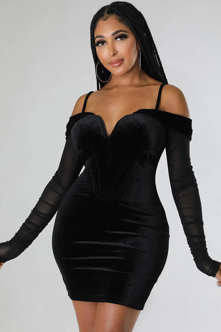 Velvet Off Shoulder Sheer Sleeve Corset Bodycon Mini Dress - View 2