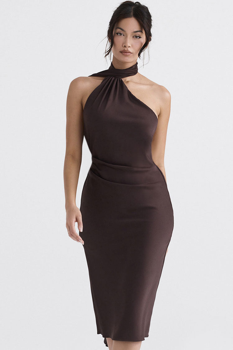 Satin Halter Neck Wrap Backless Midi Dress - View 3