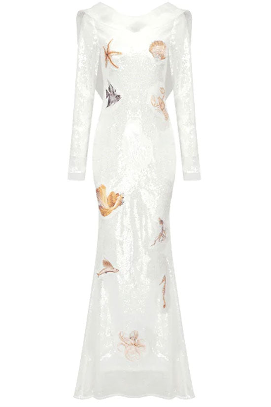 Ruffle Backless Applique Off Shoulder Sequin Maxi Dress - White - View 4