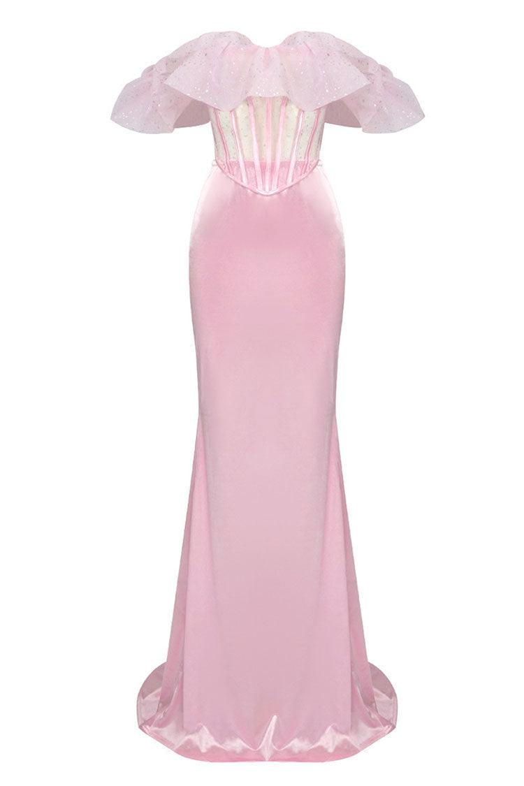 Ruffle Sheer Corset High Waist Satin Two Piece Maxi Dress - Pink - View 6