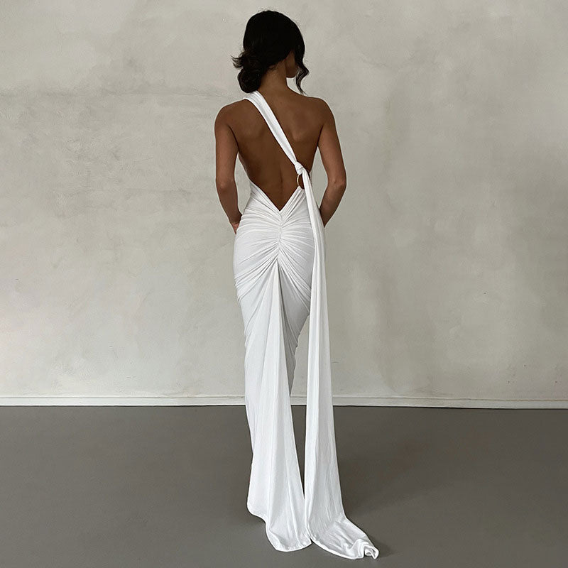 One Shoulder Ruched Backless Evening Maxi Dress - Black - View 3