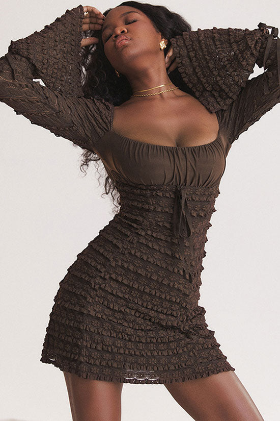 Square Neck Flared Sleeve Tiered Ruffle Lace Bodycon Mini Dress - View 3