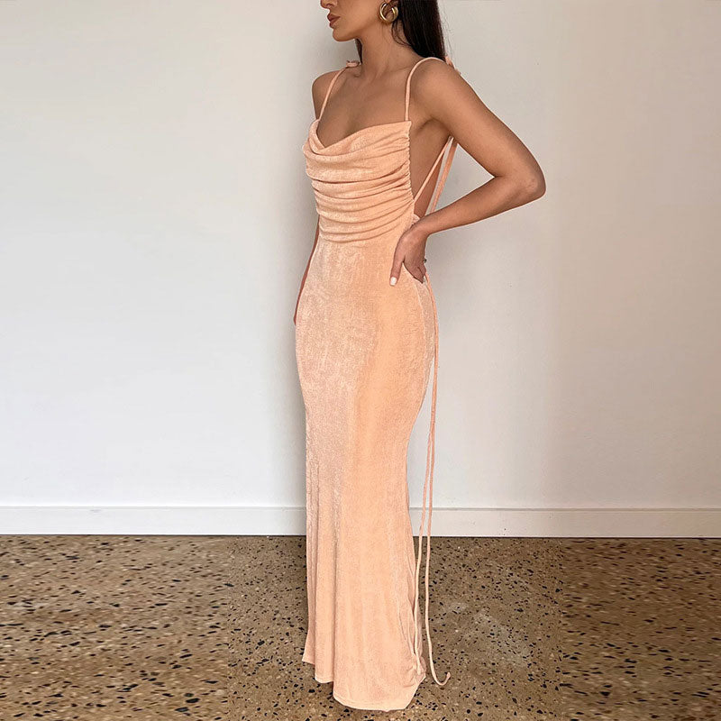 Tie Shoulder Cowl Neck Ruched Trim Backless Sheer Maxi Dress - Apricot - View 2