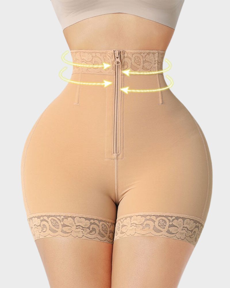 High Waist Zip Front Lace Trim Shaping Shorts 6