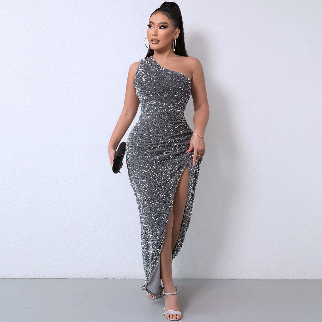 One Shoulder Gown Maxi Dress - Dark Gray - View 2
