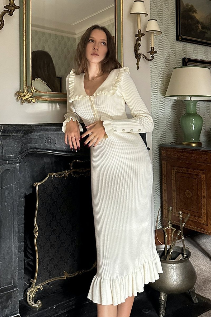 Sicily Ruffle Pearl Midi Knit Dress - View 2
