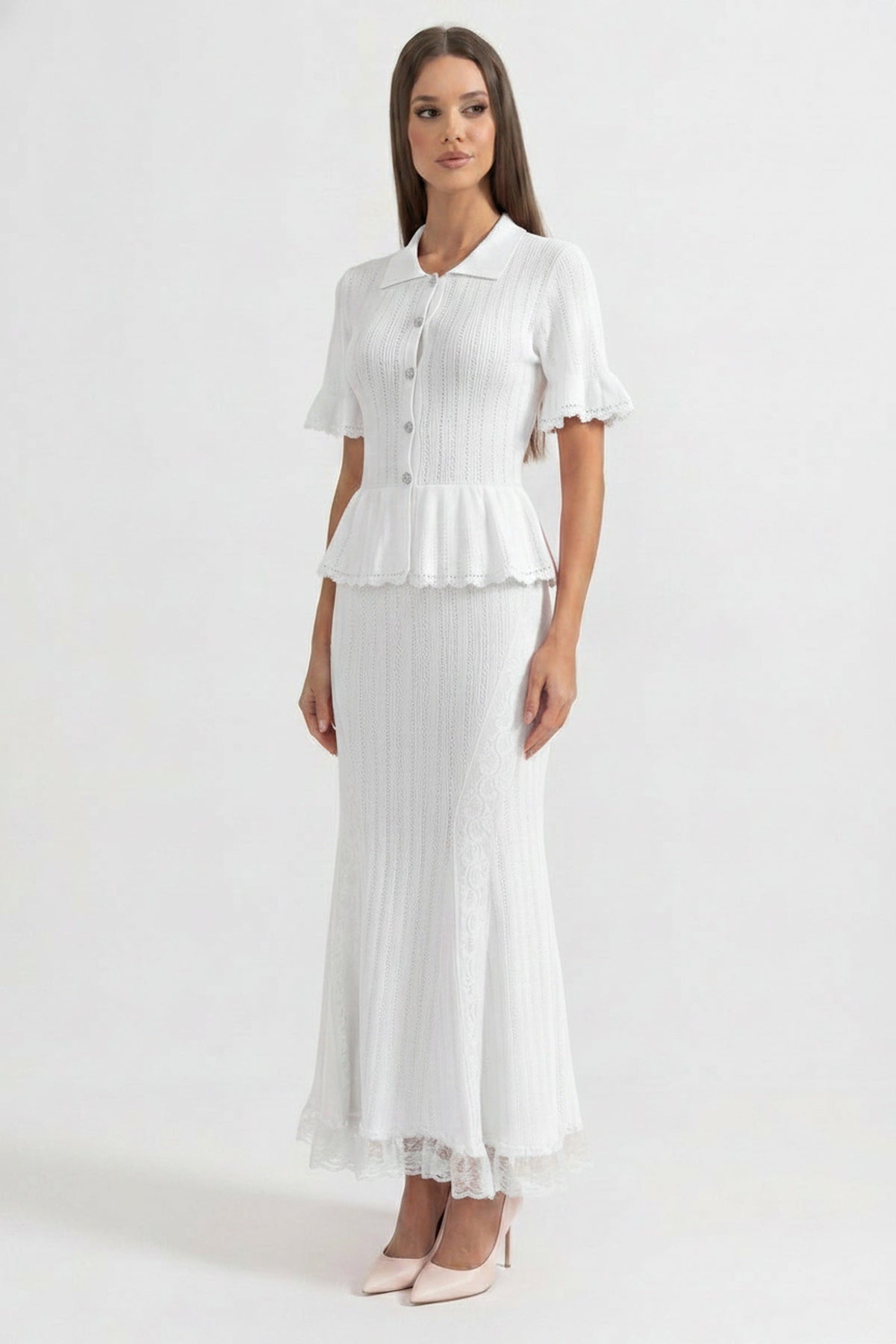 Peter-Pan Collar Knit Peplum Maxi Dress With Lace Hem - White - View 3