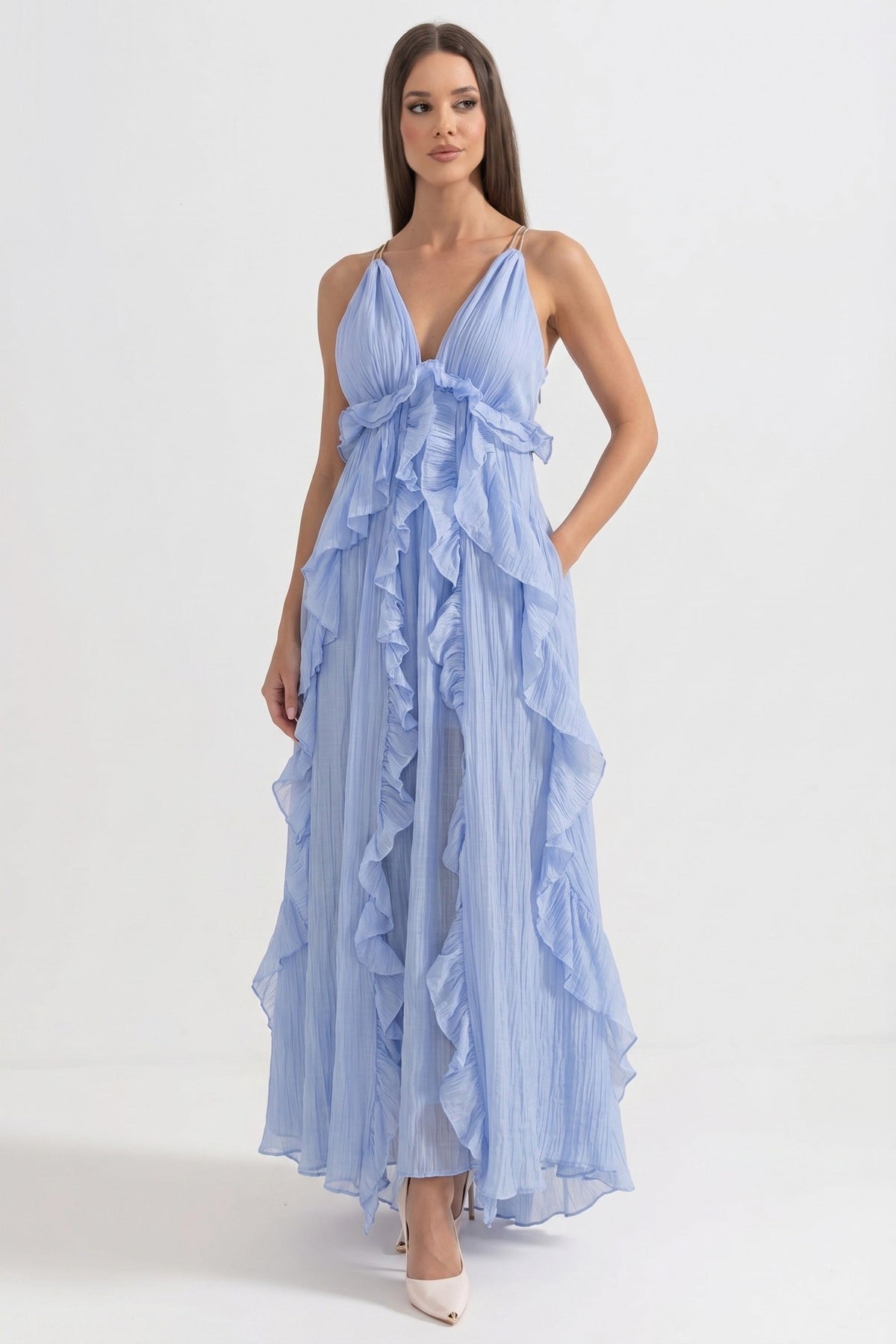 Deep V-Neck Ruffle Maxi Dress With Cascading Asymmetric Tiers - Blue - View 6