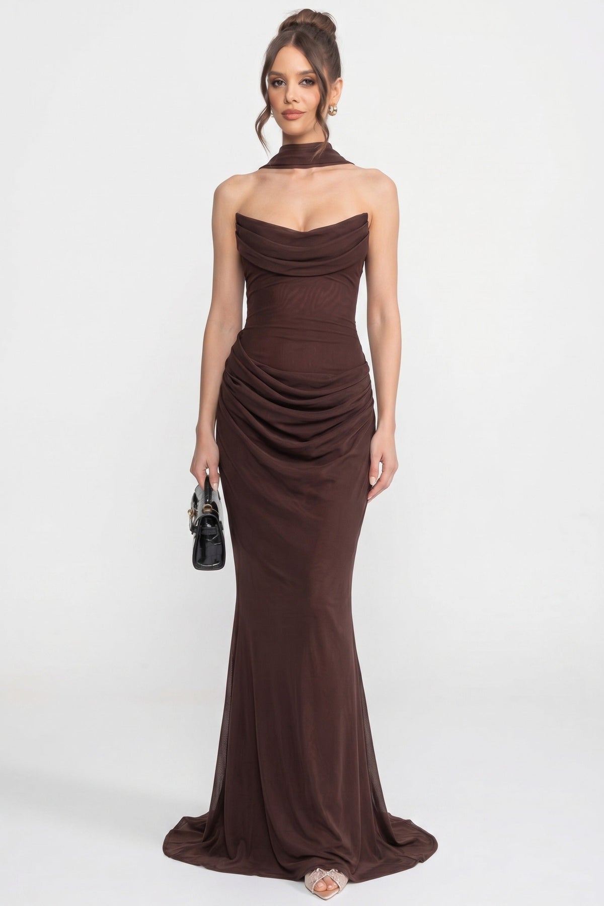 Strapless Draped Maxi Gown With Cowl Neckline And Sheer Scarf - Brown - View 4