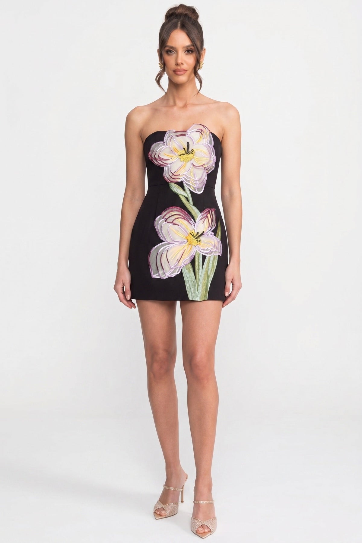 Strapless Mini Dress With 3D Iris Floral Appliqué - Black - View 7