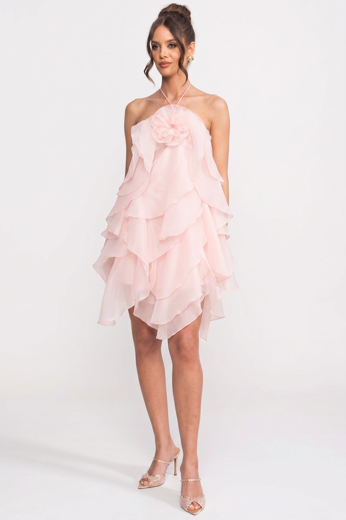 Tiered Ruffle Mini Dress With 3D Floral Halter Neck - Pink - View 3