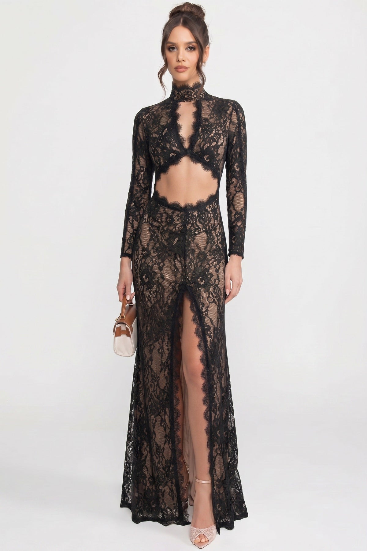 Lace High Neck Cut Out Long Sleeve High Split Maxi Gown