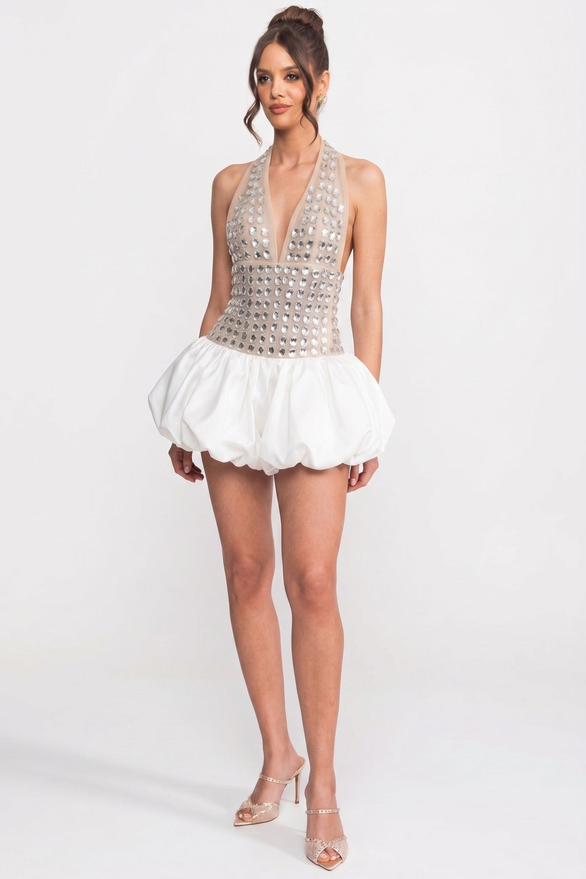 Crystal-Embellished Halter Mini Dress With Bubble Skirt - White - View 4