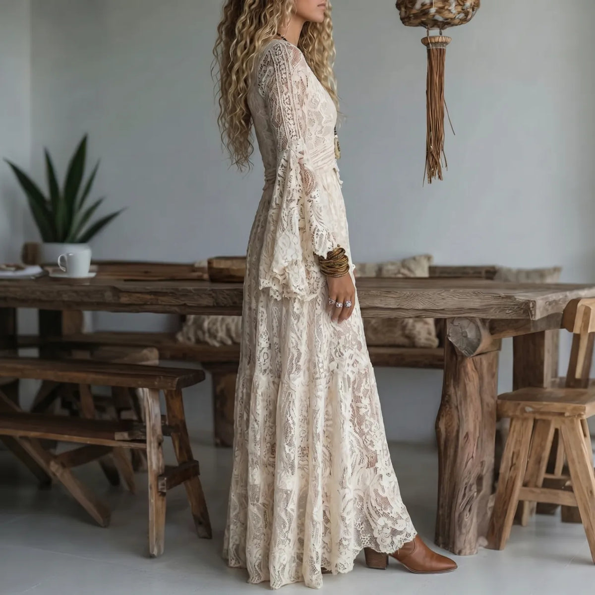 Lace Deep V-Neck Bell Sleeve Maxi Dress 2