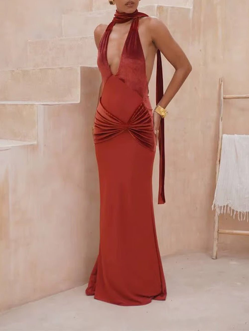 Halter Neck Deep V-Neck Backless Ruched Mermaid Maxi Gown