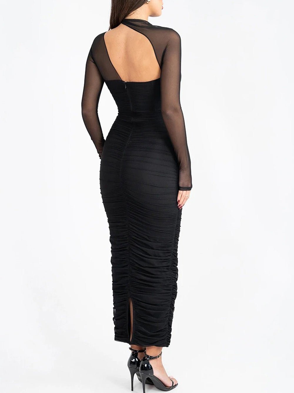 Sienna Mesh Ruched Maxi Dress in Black - View 2