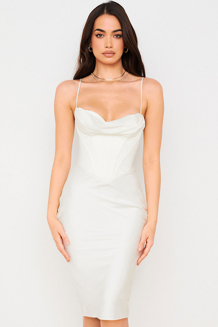 Satin Cowl Neck Spaghetti Strap Corset Bodycon Midi Dress
