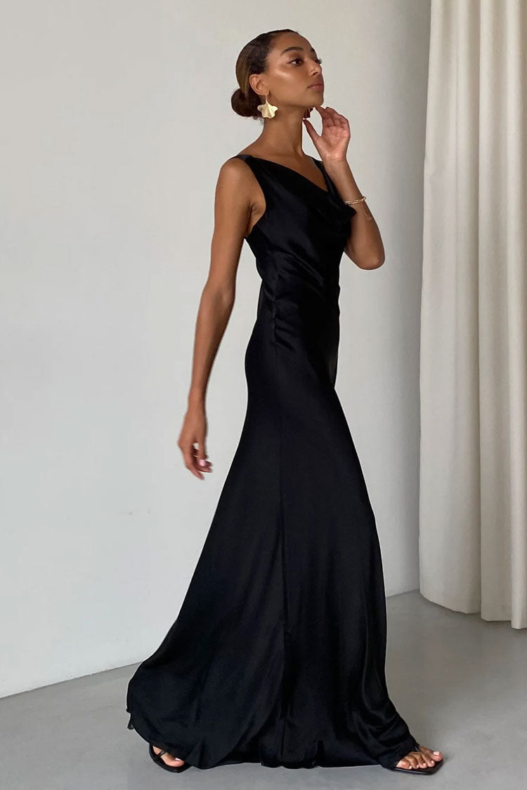 Silky Cowl Neck Sleeveless Satin Fishtail Evening Maxi Dress - Black - View 2