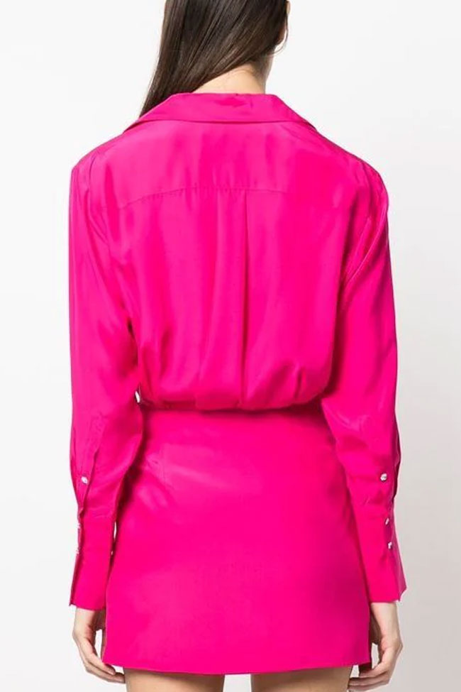 Silky Satin Collared V Neck Shirt Mini Dress - Hot Pink - View 3