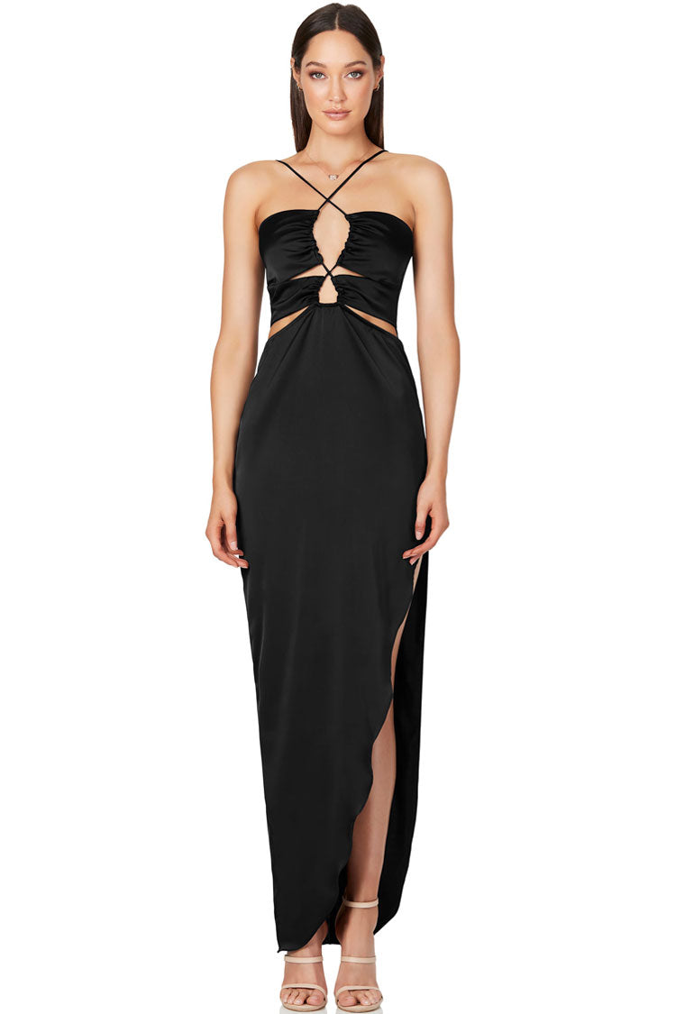 Satin Halter Neck Cross Strap Multi Cut Out Ruched Maxi Gown