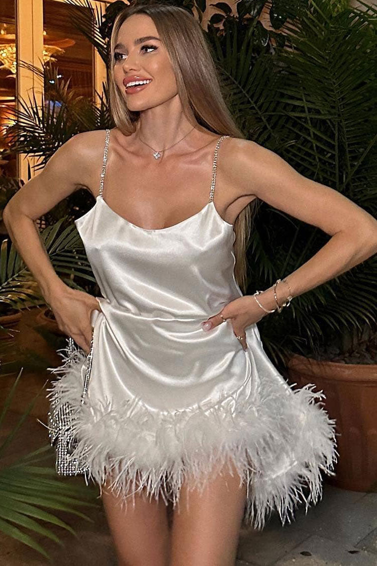 Silky Satin Crystal Spaghetti Strap A Party Mini Dress - White - View 2