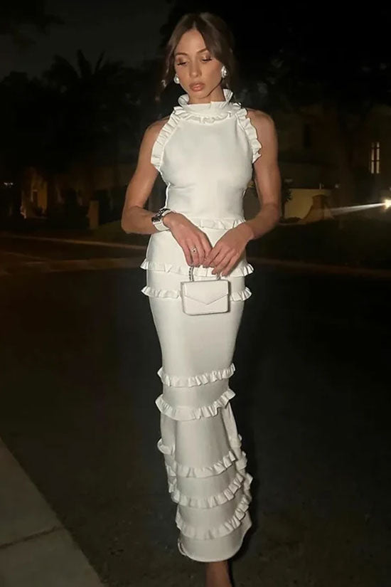 Silky Satin Layered Ruffle Mermaid Evening Maxi Dress - White