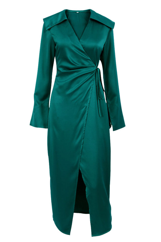 Silky Satin Long Sleeve Cocktail Party Wrap Maxi Dress - Emerald Green - View 3