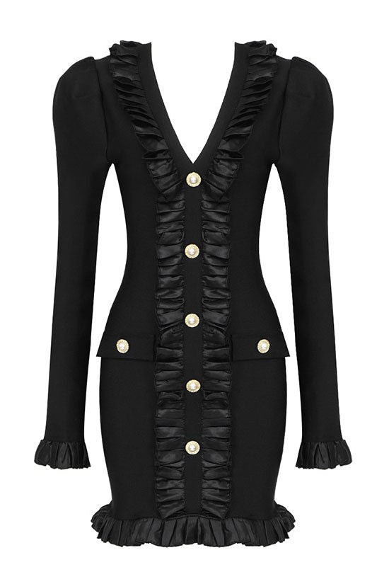 Deep V-Neck Puff Sleeve Ruffle Trim Button Bodycon Mini Dress - View 4