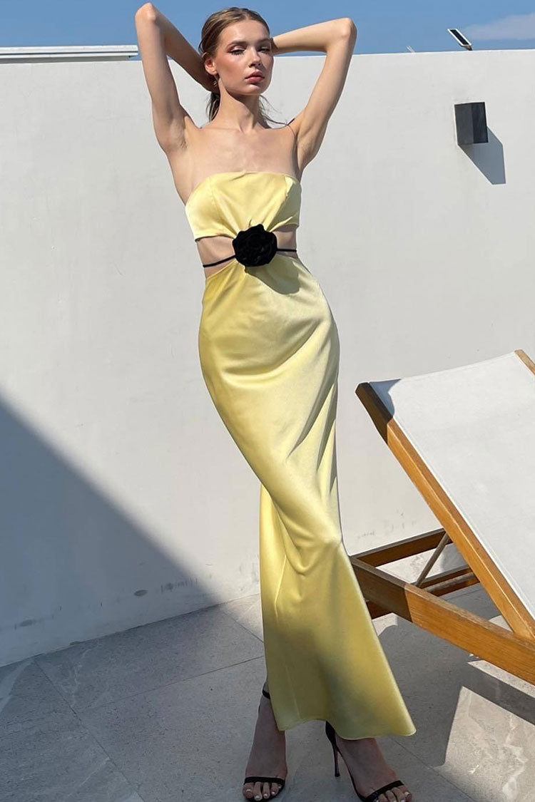Silky Satin Rosette Trim Cutout Prom Maxi Dress - Yellow - View 2